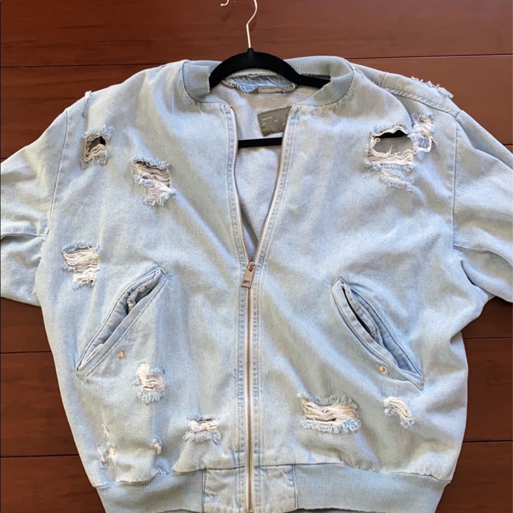 Distressed Denim Bomber